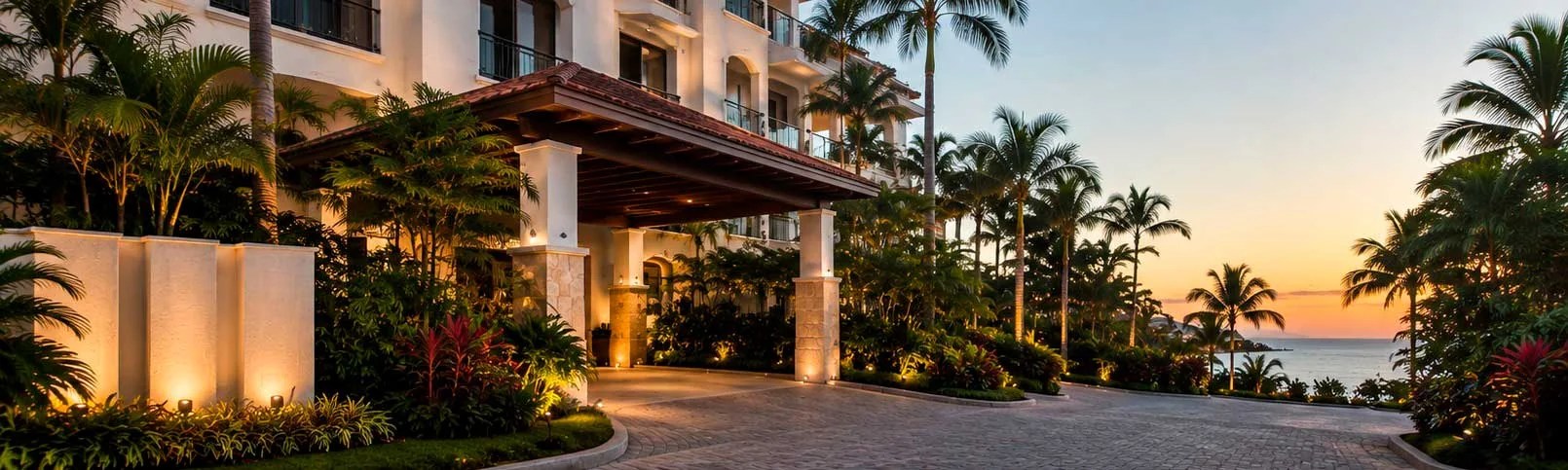 Entrada de propiedad administrada por Banderas Property Management al atardecer